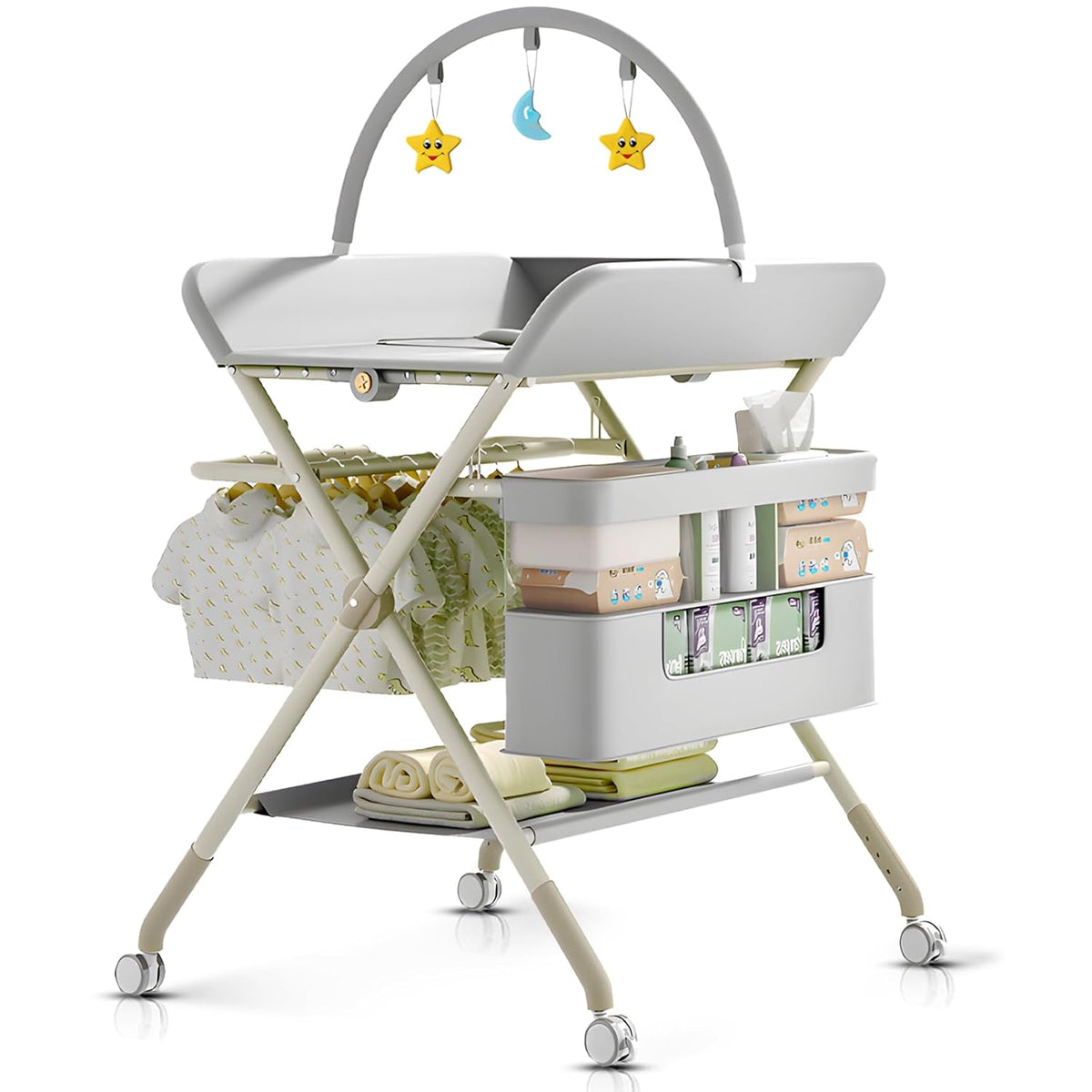 Changing Table, Portable Baby Changing Table with Wheels, Upgraded Foldable Diaper Changing Station with 5-Level Adjustable Height & Large Nursery Organizer Storage for Newborn Infant (Green)