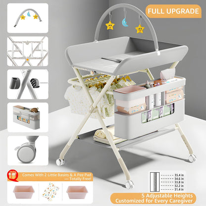 Changing Table, Portable Baby Changing Table with Wheels, Upgraded Foldable Diaper Changing Station with 5-Level Adjustable Height & Large Nursery Organizer Storage for Newborn Infant (Green)