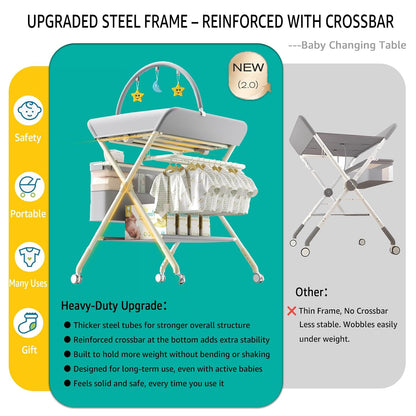 Changing Table, Portable Baby Changing Table with Wheels, Upgraded Foldable Diaper Changing Station with 5-Level Adjustable Height & Large Nursery Organizer Storage for Newborn Infant (Green)