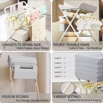 Changing Table, Portable Baby Changing Table with Wheels, Upgraded Foldable Diaper Changing Station with 5-Level Adjustable Height & Large Nursery Organizer Storage for Newborn Infant (Green)