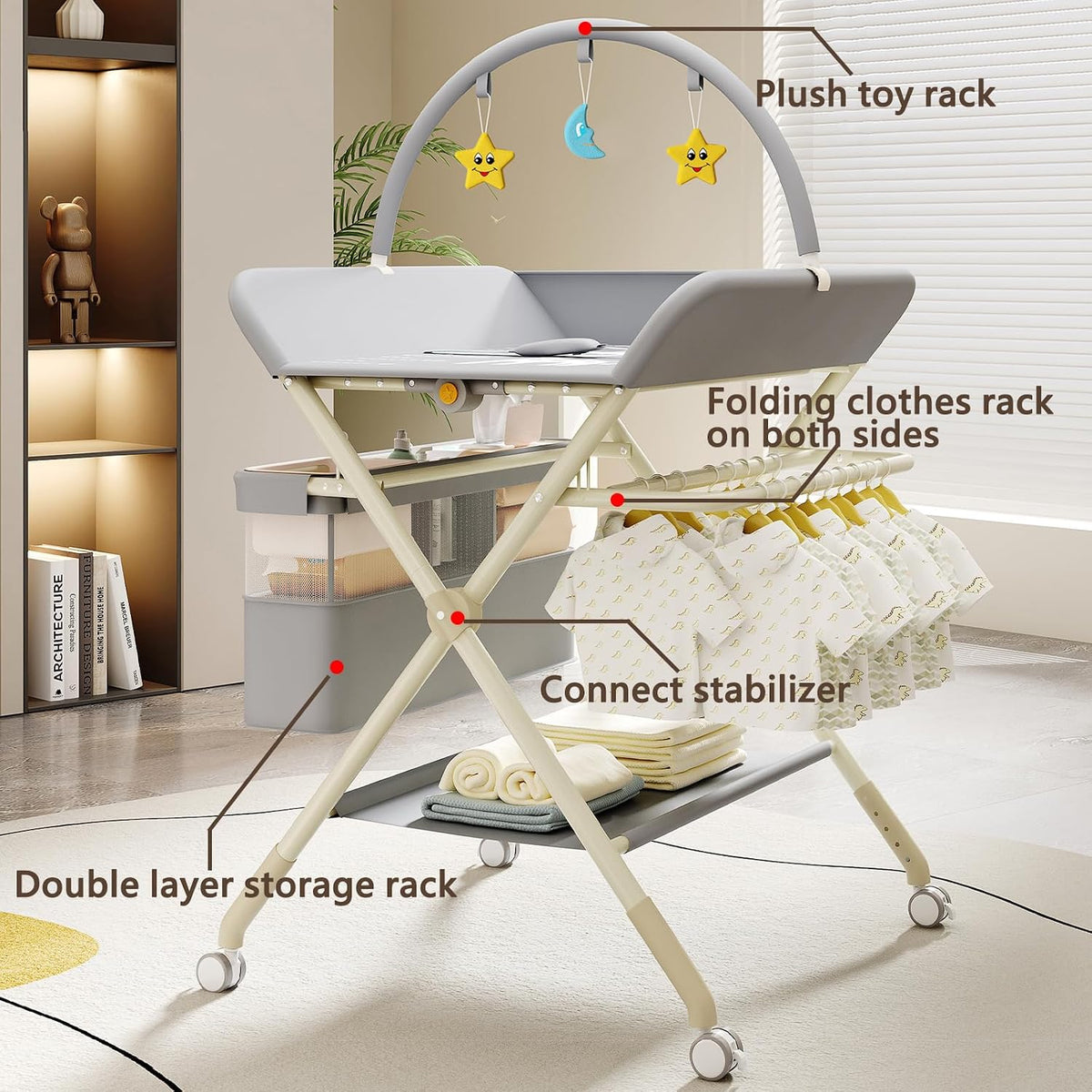 Changing Table, Portable Baby Changing Table with Wheels, Upgraded Foldable Diaper Changing Station with 5-Level Adjustable Height & Large Nursery Organizer Storage for Newborn Infant (Green)
