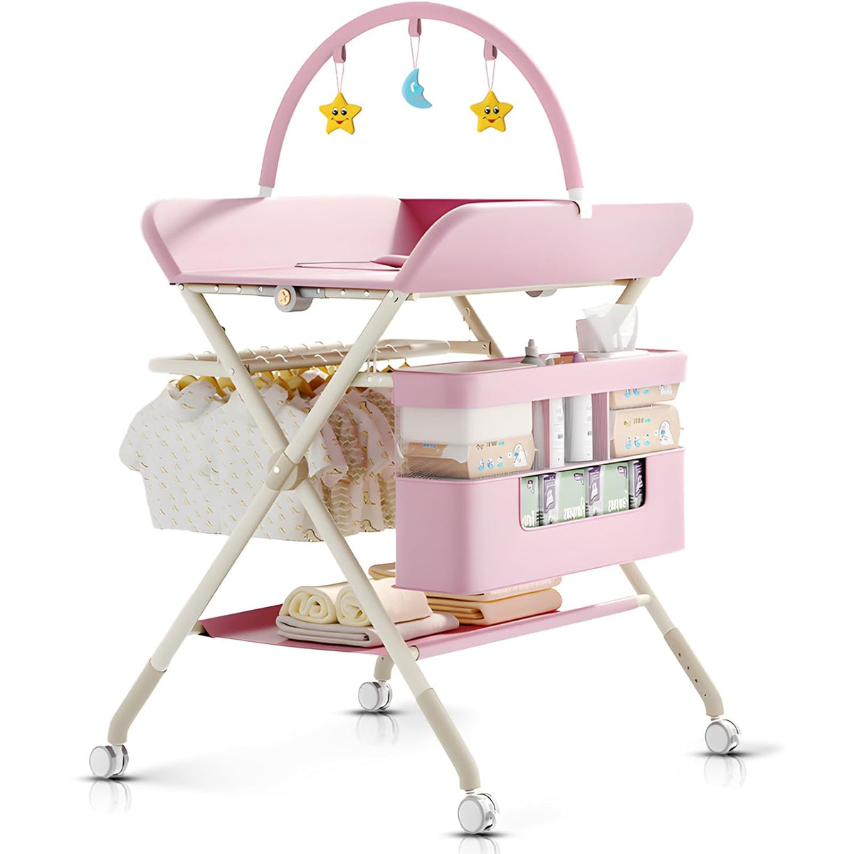 Changing Table, Portable Baby Changing Table with Wheels, Upgraded Foldable Diaper Changing Station with 5-Level Adjustable Height & Large Nursery Organizer Storage for Newborn Infant (Green)