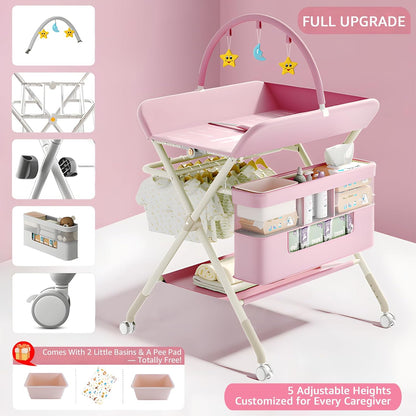 Changing Table, Portable Baby Changing Table with Wheels, Upgraded Foldable Diaper Changing Station with 5-Level Adjustable Height & Large Nursery Organizer Storage for Newborn Infant (Green)