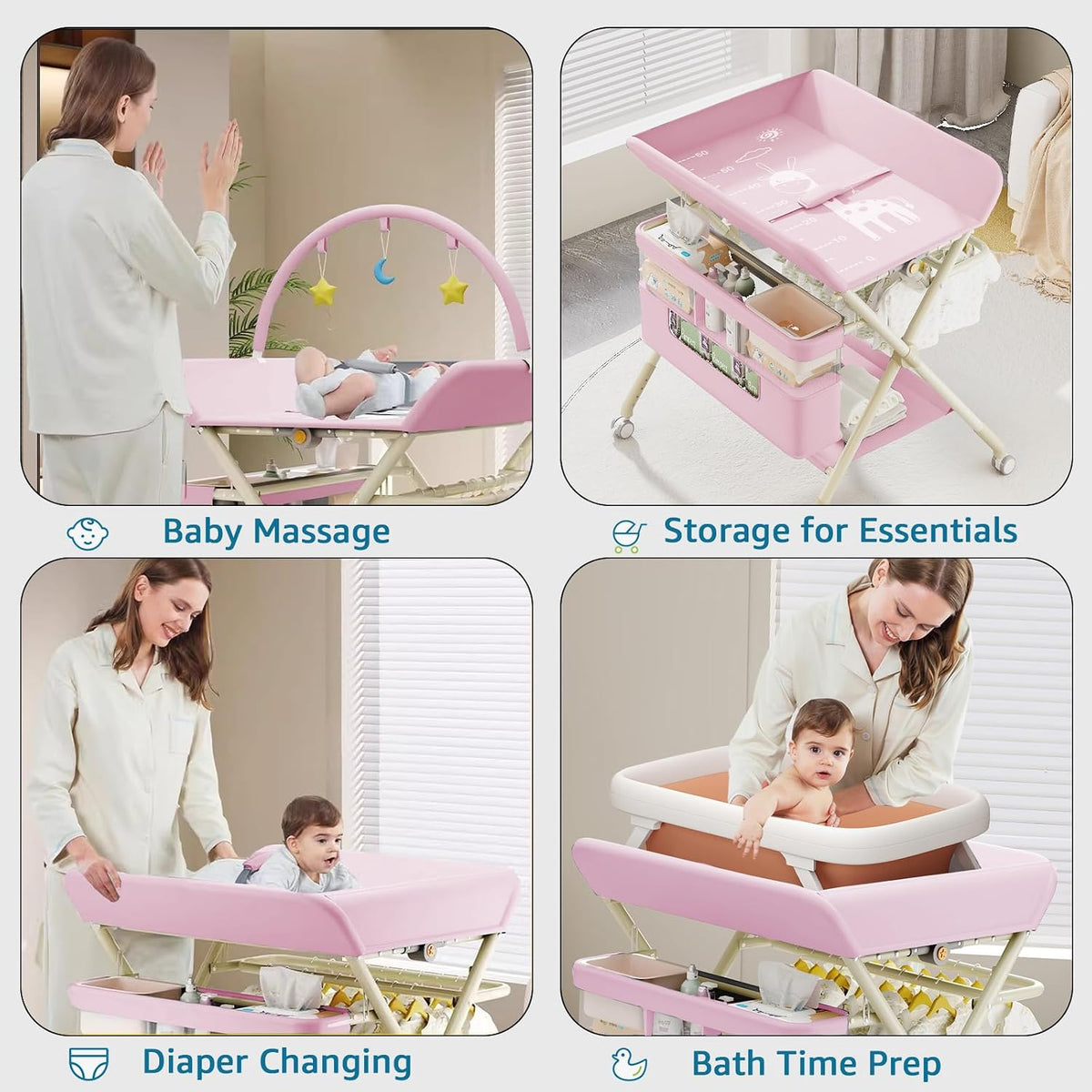 Changing Table, Portable Baby Changing Table with Wheels, Upgraded Foldable Diaper Changing Station with 5-Level Adjustable Height & Large Nursery Organizer Storage for Newborn Infant (Green)