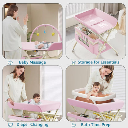 Changing Table, Portable Baby Changing Table with Wheels, Upgraded Foldable Diaper Changing Station with 5-Level Adjustable Height & Large Nursery Organizer Storage for Newborn Infant (Green)