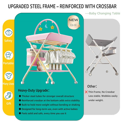 Changing Table, Portable Baby Changing Table with Wheels, Upgraded Foldable Diaper Changing Station with 5-Level Adjustable Height & Large Nursery Organizer Storage for Newborn Infant (Green)