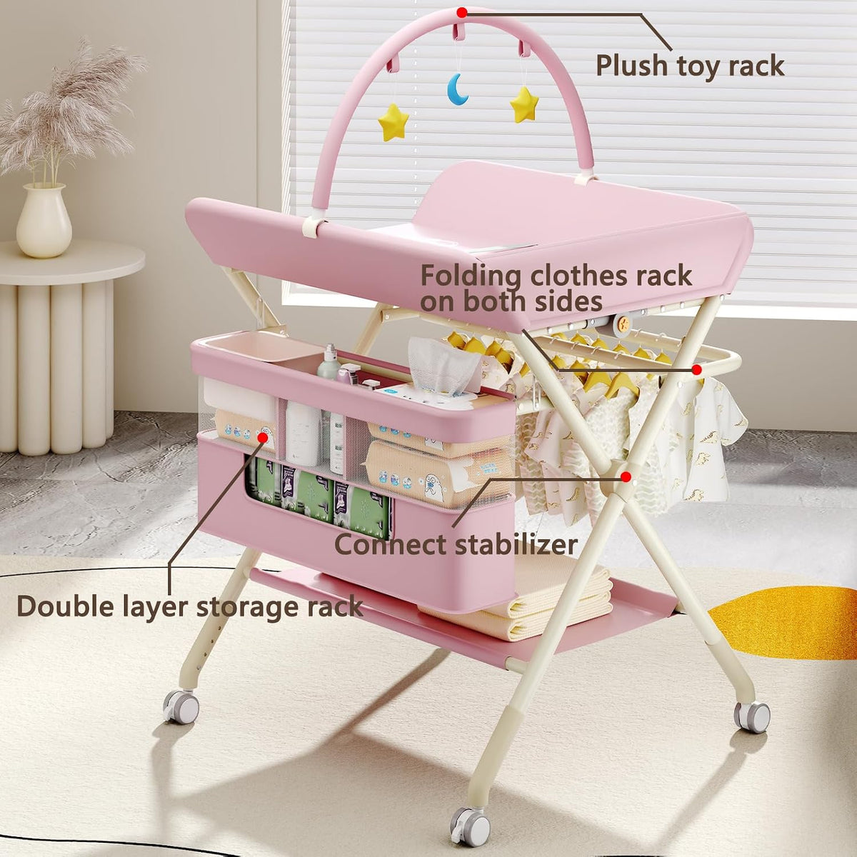 Changing Table, Portable Baby Changing Table with Wheels, Upgraded Foldable Diaper Changing Station with 5-Level Adjustable Height & Large Nursery Organizer Storage for Newborn Infant (Green)