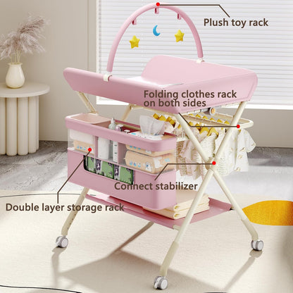 Changing Table, Portable Baby Changing Table with Wheels, Upgraded Foldable Diaper Changing Station with 5-Level Adjustable Height & Large Nursery Organizer Storage for Newborn Infant (Green)