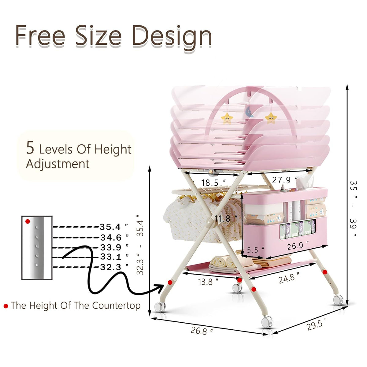 Changing Table, Portable Baby Changing Table with Wheels, Upgraded Foldable Diaper Changing Station with 5-Level Adjustable Height & Large Nursery Organizer Storage for Newborn Infant (Green)