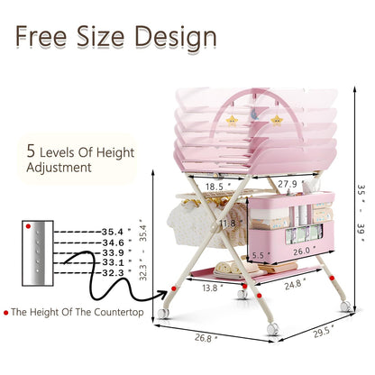 Changing Table, Portable Baby Changing Table with Wheels, Upgraded Foldable Diaper Changing Station with 5-Level Adjustable Height & Large Nursery Organizer Storage for Newborn Infant (Green)