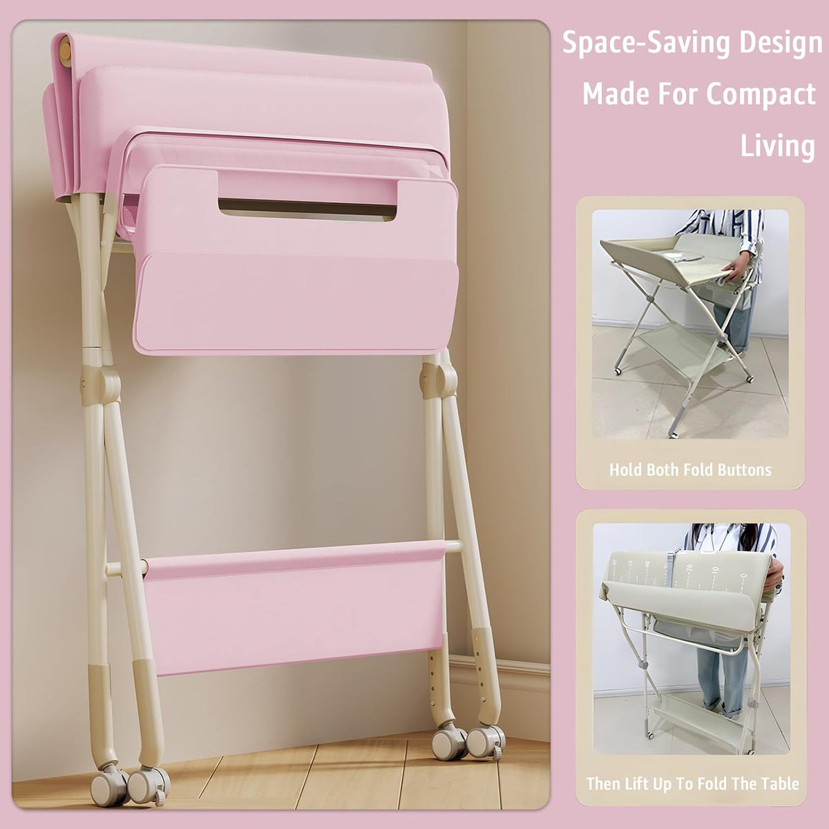 Changing Table, Portable Baby Changing Table with Wheels, Upgraded Foldable Diaper Changing Station with 5-Level Adjustable Height & Large Nursery Organizer Storage for Newborn Infant (Green)