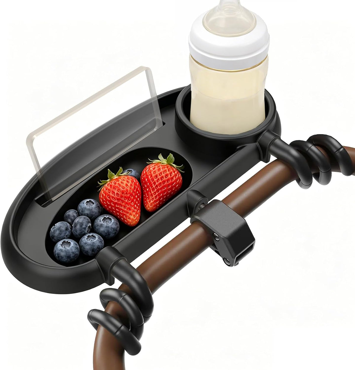 Universal Stroller Snack Tray with Cup Holder, Secure 3-Point Lock Design, Flexible Silicone Grips & Removable Snack Surface for Toddler Drinks, Snacks and Bottles