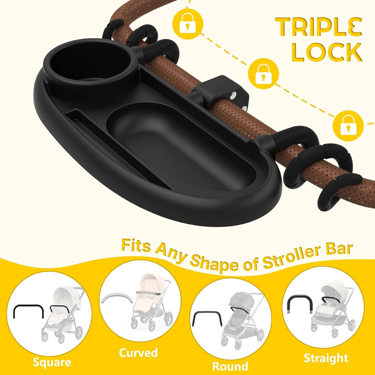Universal Stroller Snack Tray with Cup Holder, Secure 3-Point Lock Design, Flexible Silicone Grips & Removable Snack Surface for Toddler Drinks, Snacks and Bottles