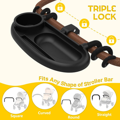 Universal Stroller Snack Tray with Cup Holder, Secure 3-Point Lock Design, Flexible Silicone Grips & Removable Snack Surface for Toddler Drinks, Snacks and Bottles