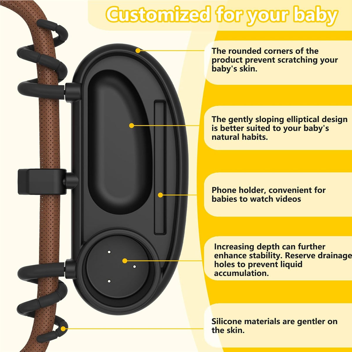 Universal Stroller Snack Tray with Cup Holder, Secure 3-Point Lock Design, Flexible Silicone Grips & Removable Snack Surface for Toddler Drinks, Snacks and Bottles