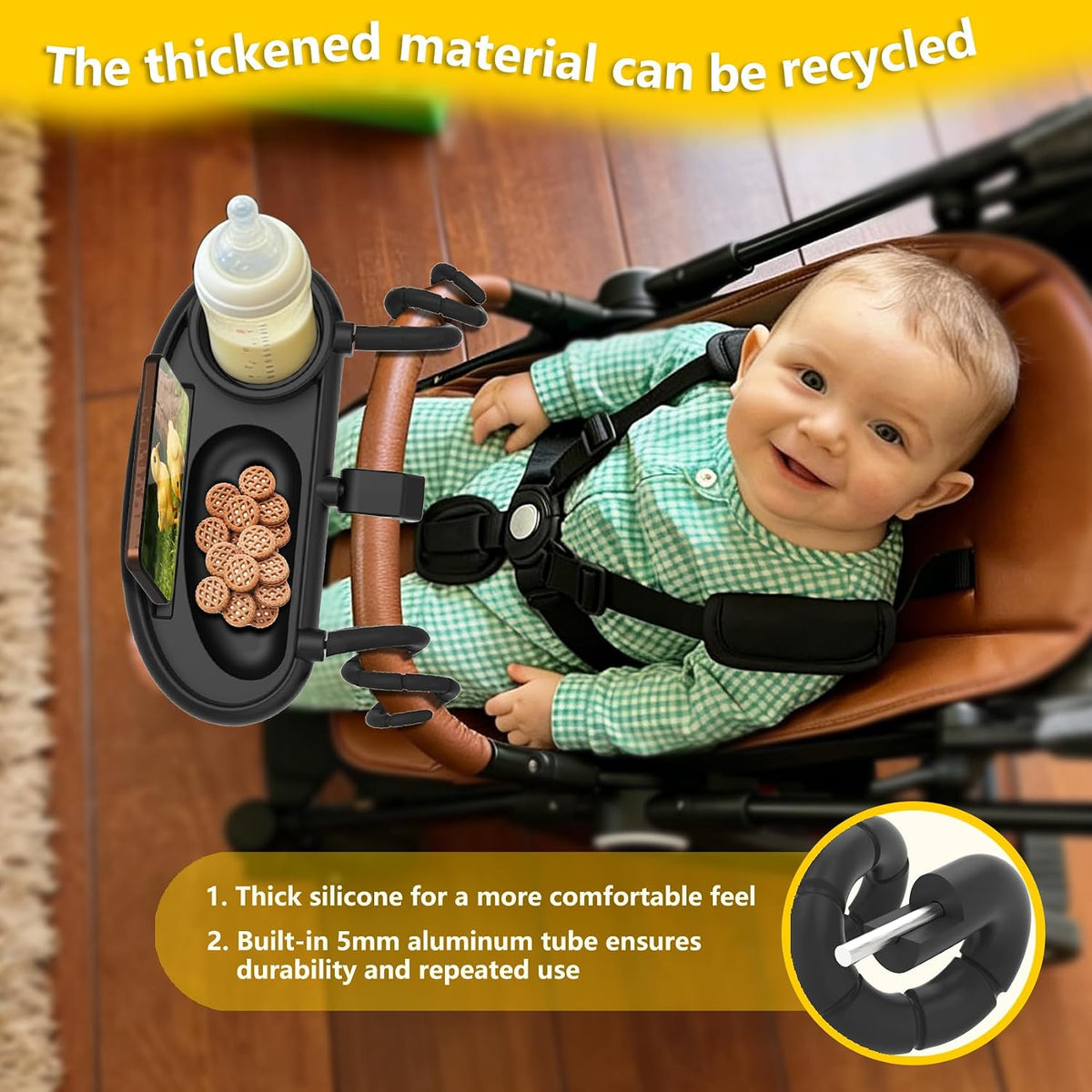 Universal Stroller Snack Tray with Cup Holder, Secure 3-Point Lock Design, Flexible Silicone Grips & Removable Snack Surface for Toddler Drinks, Snacks and Bottles