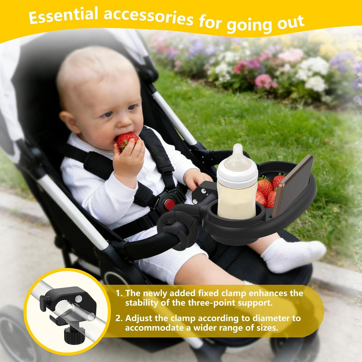 Universal Stroller Snack Tray with Cup Holder, Secure 3-Point Lock Design, Flexible Silicone Grips & Removable Snack Surface for Toddler Drinks, Snacks and Bottles