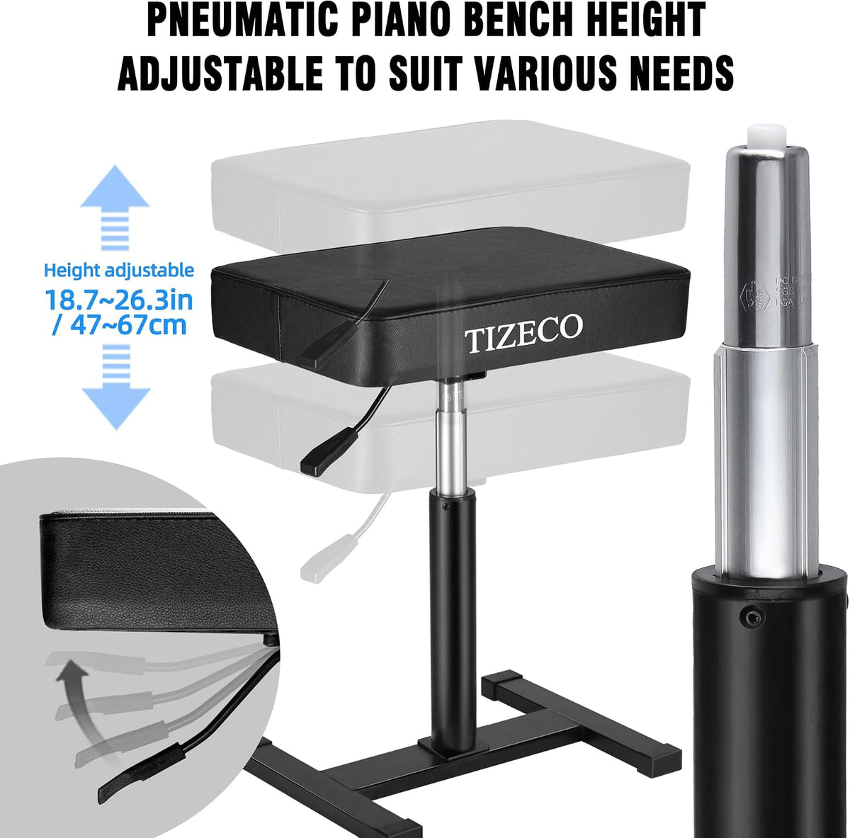 Hydraulic Piano Bench Adjustable Stool, Heavy Duty Music Keyboard Bench Seat for Piano Keyboard Stand with Black Padded Cushion for Musicians Piano Stool Chair Automatic Height Adjustment