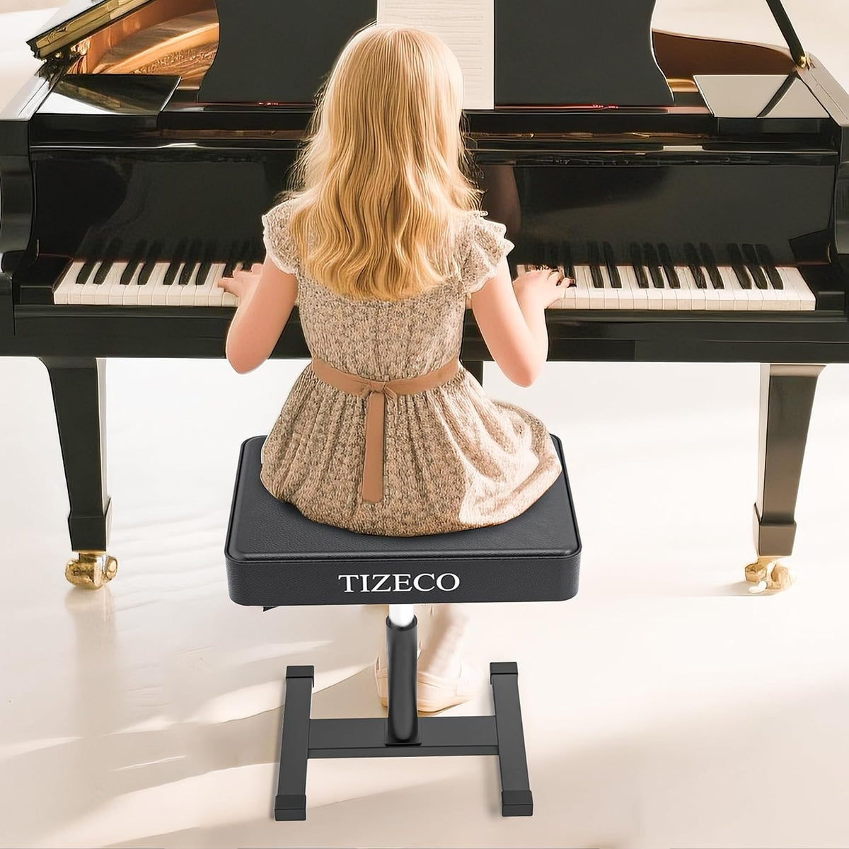 Hydraulic Piano Bench Adjustable Stool, Heavy Duty Music Keyboard Bench Seat for Piano Keyboard Stand with Black Padded Cushion for Musicians Piano Stool Chair Automatic Height Adjustment