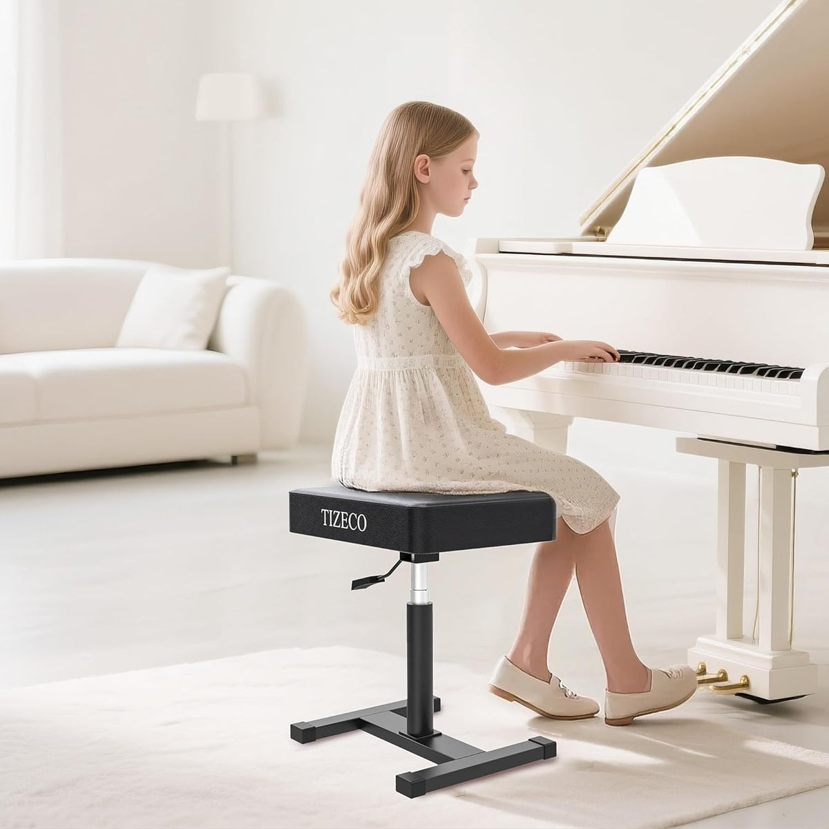 Hydraulic Piano Bench Adjustable Stool, Heavy Duty Music Keyboard Bench Seat for Piano Keyboard Stand with Black Padded Cushion for Musicians Piano Stool Chair Automatic Height Adjustment