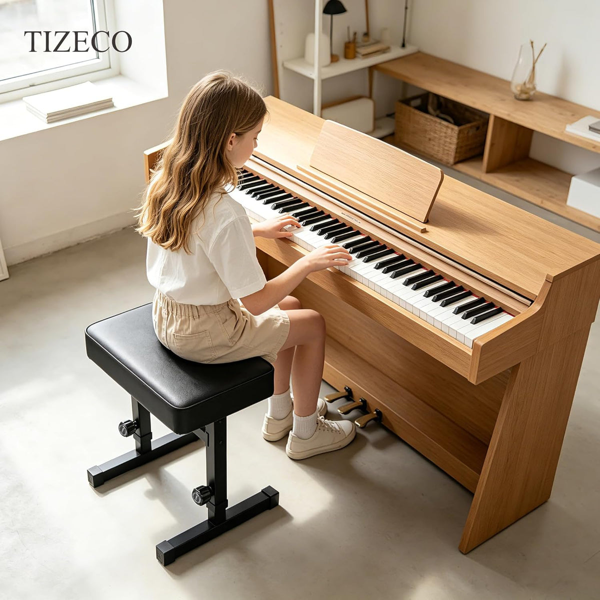 Hydraulic Piano Bench Adjustable Stool, Heavy Duty Music Keyboard Bench Seat for Piano Keyboard Stand with Black Padded Cushion for Musicians Piano Stool Chair Automatic Height Adjustment