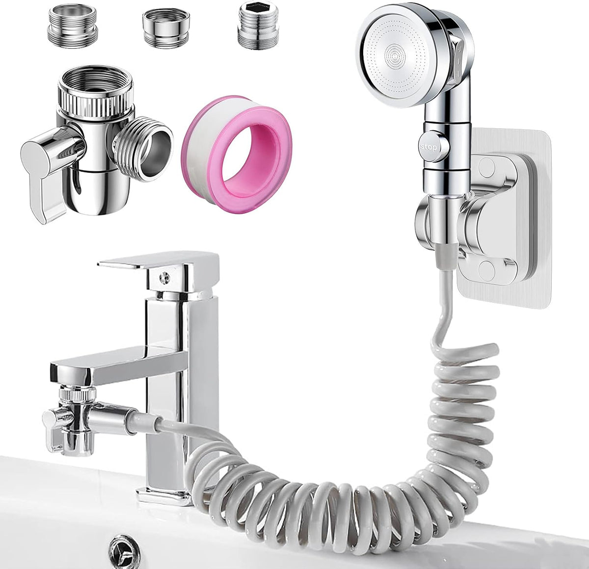 Sink Handheld Shower Kit with 9.8ft Telescopic Hose, Kitchen Bathroom Faucet Sprayer Attachment with 3 Adapters M22 M24 G1/2, for Hair Washing, Baby Shower, Pet Shower (Faucet Not Included)