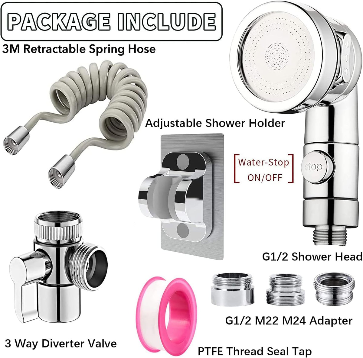 Sink Handheld Shower Kit with 9.8ft Telescopic Hose, Kitchen Bathroom Faucet Sprayer Attachment with 3 Adapters M22 M24 G1/2, for Hair Washing, Baby Shower, Pet Shower (Faucet Not Included)