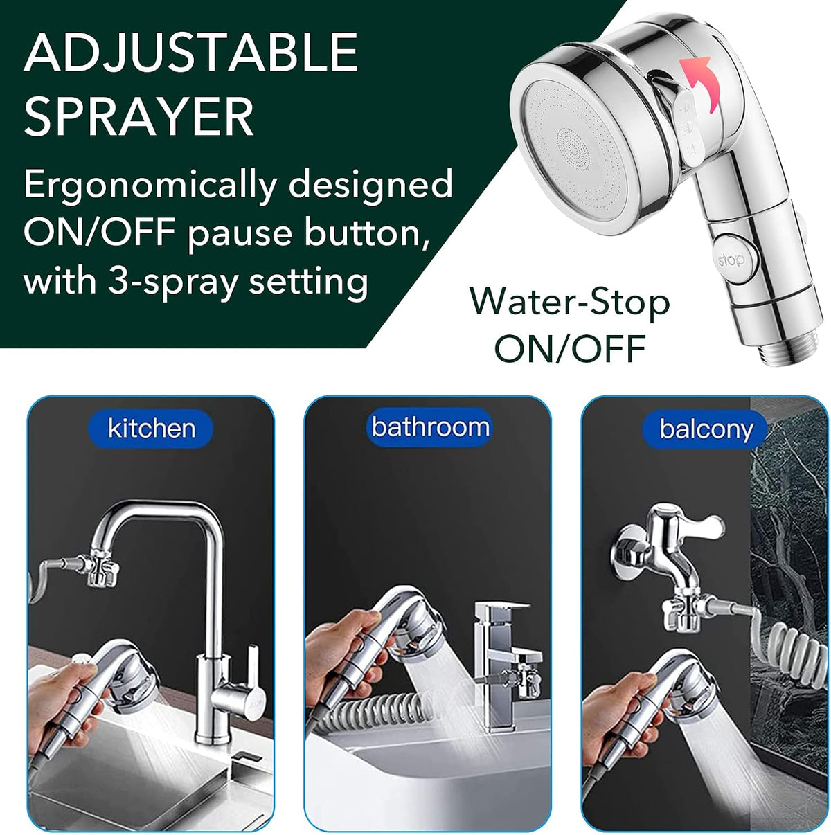 Sink Handheld Shower Kit with 9.8ft Telescopic Hose, Kitchen Bathroom Faucet Sprayer Attachment with 3 Adapters M22 M24 G1/2, for Hair Washing, Baby Shower, Pet Shower (Faucet Not Included)