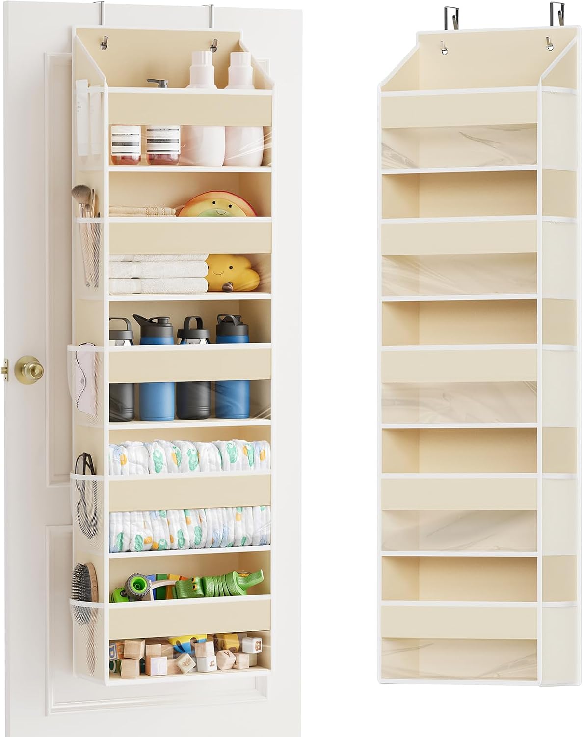 Over The Door Organizer with 5 Large Pockets and 10 Mesh Side Pockets, 5 Layers Door Organizer Hanging with Clear Window for Bedroom, Bathroom, Pantry and Nursery, White