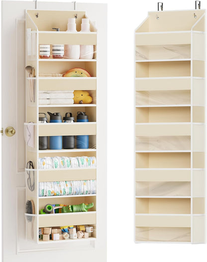 Over The Door Organizer with 5 Large Pockets and 10 Mesh Side Pockets, 5 Layers Door Organizer Hanging with Clear Window for Bedroom, Bathroom, Pantry and Nursery, White