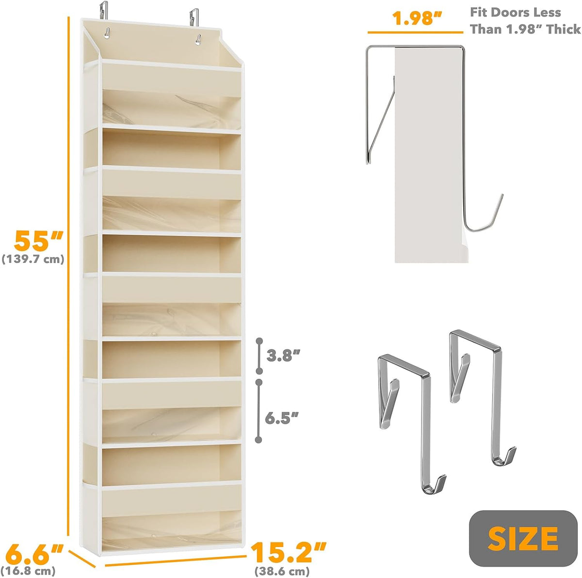 Over The Door Organizer with 5 Large Pockets and 10 Mesh Side Pockets, 5 Layers Door Organizer Hanging with Clear Window for Bedroom, Bathroom, Pantry and Nursery, White