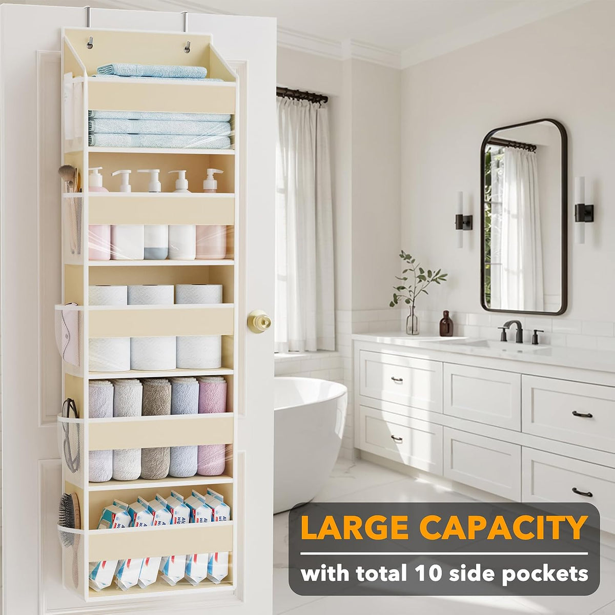 Over The Door Organizer with 5 Large Pockets and 10 Mesh Side Pockets, 5 Layers Door Organizer Hanging with Clear Window for Bedroom, Bathroom, Pantry and Nursery, White