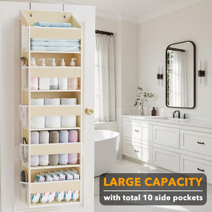 Over The Door Organizer with 5 Large Pockets and 10 Mesh Side Pockets, 5 Layers Door Organizer Hanging with Clear Window for Bedroom, Bathroom, Pantry and Nursery, White