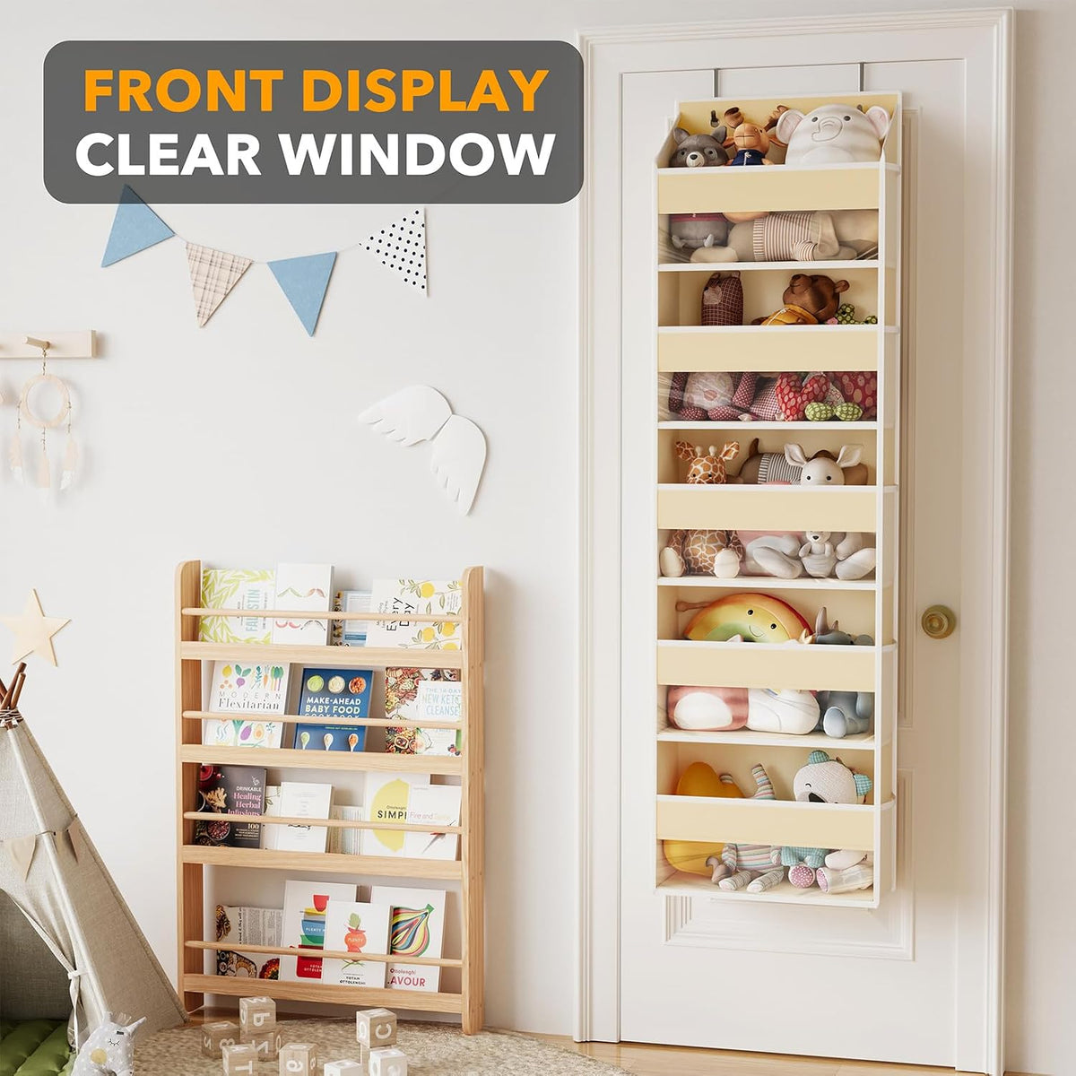 Over The Door Organizer with 5 Large Pockets and 10 Mesh Side Pockets, 5 Layers Door Organizer Hanging with Clear Window for Bedroom, Bathroom, Pantry and Nursery, White