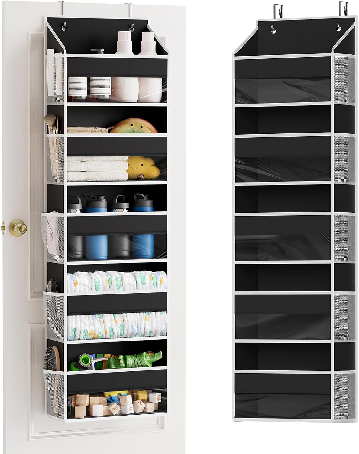 Over The Door Organizer with 5 Large Pockets and 10 Mesh Side Pockets, 5 Layers Door Organizer Hanging with Clear Window for Bedroom, Bathroom, Pantry and Nursery, White