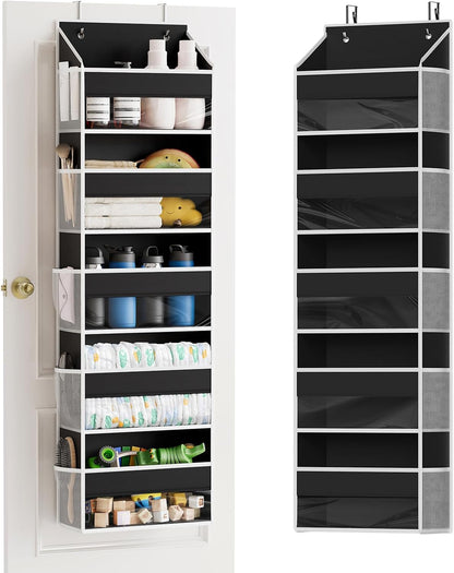 Over The Door Organizer with 5 Large Pockets and 10 Mesh Side Pockets, 5 Layers Door Organizer Hanging with Clear Window for Bedroom, Bathroom, Pantry and Nursery, White