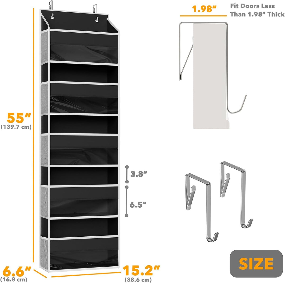 Over The Door Organizer with 5 Large Pockets and 10 Mesh Side Pockets, 5 Layers Door Organizer Hanging with Clear Window for Bedroom, Bathroom, Pantry and Nursery, White