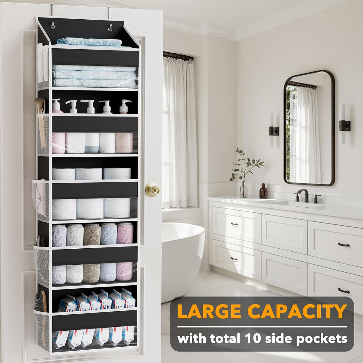 Over The Door Organizer with 5 Large Pockets and 10 Mesh Side Pockets, 5 Layers Door Organizer Hanging with Clear Window for Bedroom, Bathroom, Pantry and Nursery, White