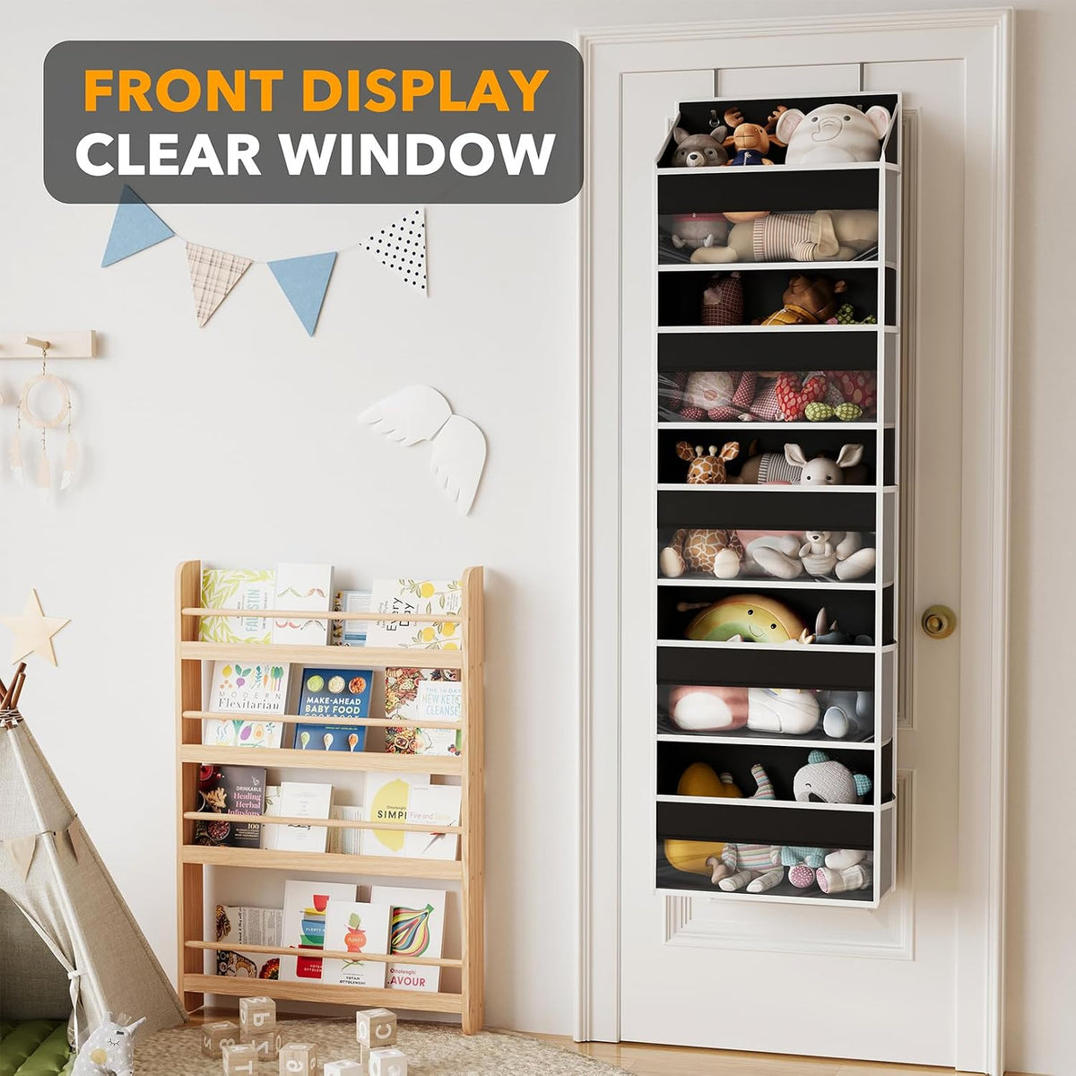 Over The Door Organizer with 5 Large Pockets and 10 Mesh Side Pockets, 5 Layers Door Organizer Hanging with Clear Window for Bedroom, Bathroom, Pantry and Nursery, White