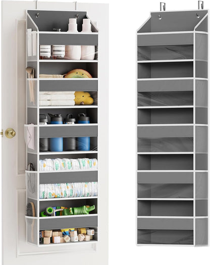 Over The Door Organizer with 5 Large Pockets and 10 Mesh Side Pockets, 5 Layers Door Organizer Hanging with Clear Window for Bedroom, Bathroom, Pantry and Nursery, White