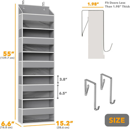 Over The Door Organizer with 5 Large Pockets and 10 Mesh Side Pockets, 5 Layers Door Organizer Hanging with Clear Window for Bedroom, Bathroom, Pantry and Nursery, White
