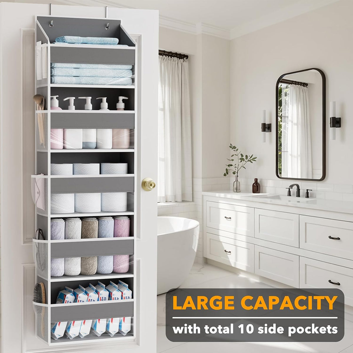 Over The Door Organizer with 5 Large Pockets and 10 Mesh Side Pockets, 5 Layers Door Organizer Hanging with Clear Window for Bedroom, Bathroom, Pantry and Nursery, White