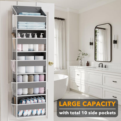 Over The Door Organizer with 5 Large Pockets and 10 Mesh Side Pockets, 5 Layers Door Organizer Hanging with Clear Window for Bedroom, Bathroom, Pantry and Nursery, White