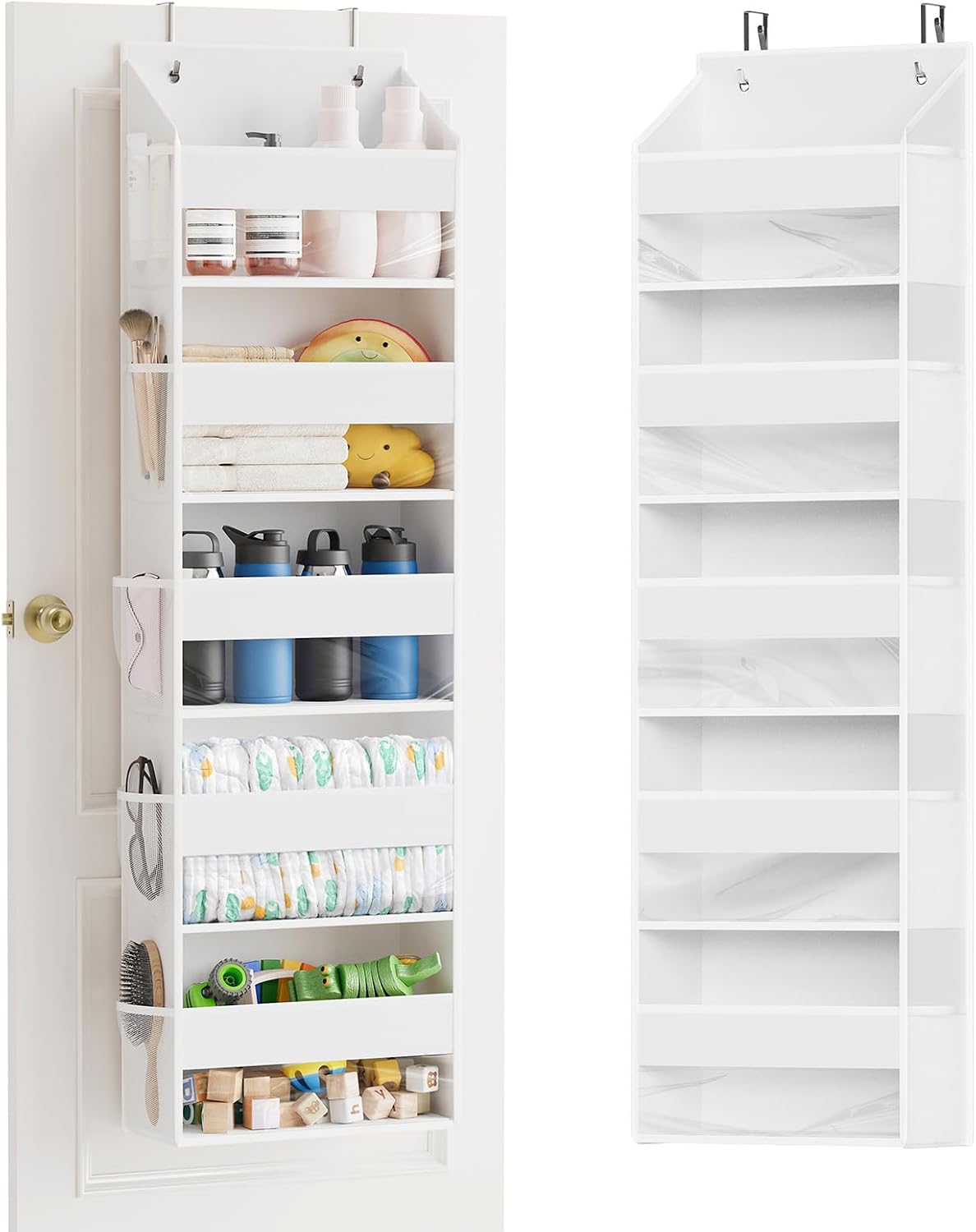 Over The Door Organizer with 5 Large Pockets and 10 Mesh Side Pockets, 5 Layers Door Organizer Hanging with Clear Window for Bedroom, Bathroom, Pantry and Nursery, White