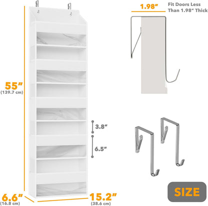 Over The Door Organizer with 5 Large Pockets and 10 Mesh Side Pockets, 5 Layers Door Organizer Hanging with Clear Window for Bedroom, Bathroom, Pantry and Nursery, White