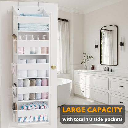 Over The Door Organizer with 5 Large Pockets and 10 Mesh Side Pockets, 5 Layers Door Organizer Hanging with Clear Window for Bedroom, Bathroom, Pantry and Nursery, White