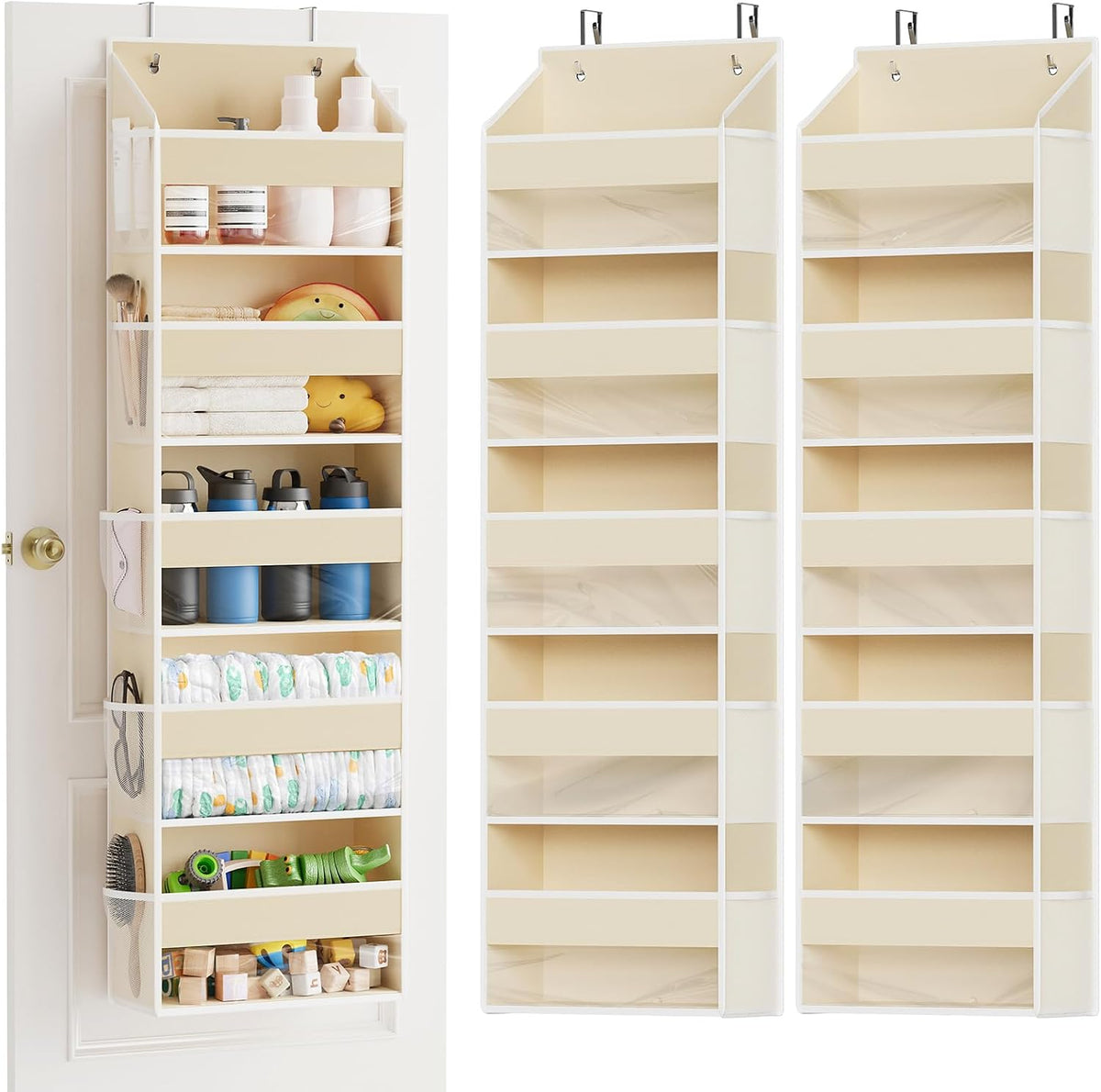 Over The Door Organizer with 5 Large Pockets and 10 Mesh Side Pockets, 5 Layers Door Organizer Hanging with Clear Window for Bedroom, Bathroom, Pantry and Nursery, White