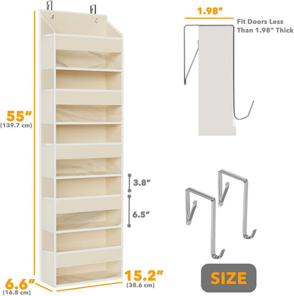Over The Door Organizer with 5 Large Pockets and 10 Mesh Side Pockets, 5 Layers Door Organizer Hanging with Clear Window for Bedroom, Bathroom, Pantry and Nursery, White