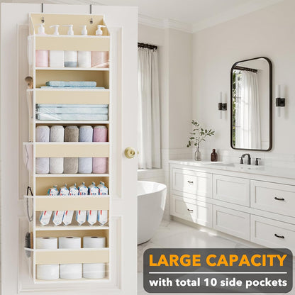 Over The Door Organizer with 5 Large Pockets and 10 Mesh Side Pockets, 5 Layers Door Organizer Hanging with Clear Window for Bedroom, Bathroom, Pantry and Nursery, White