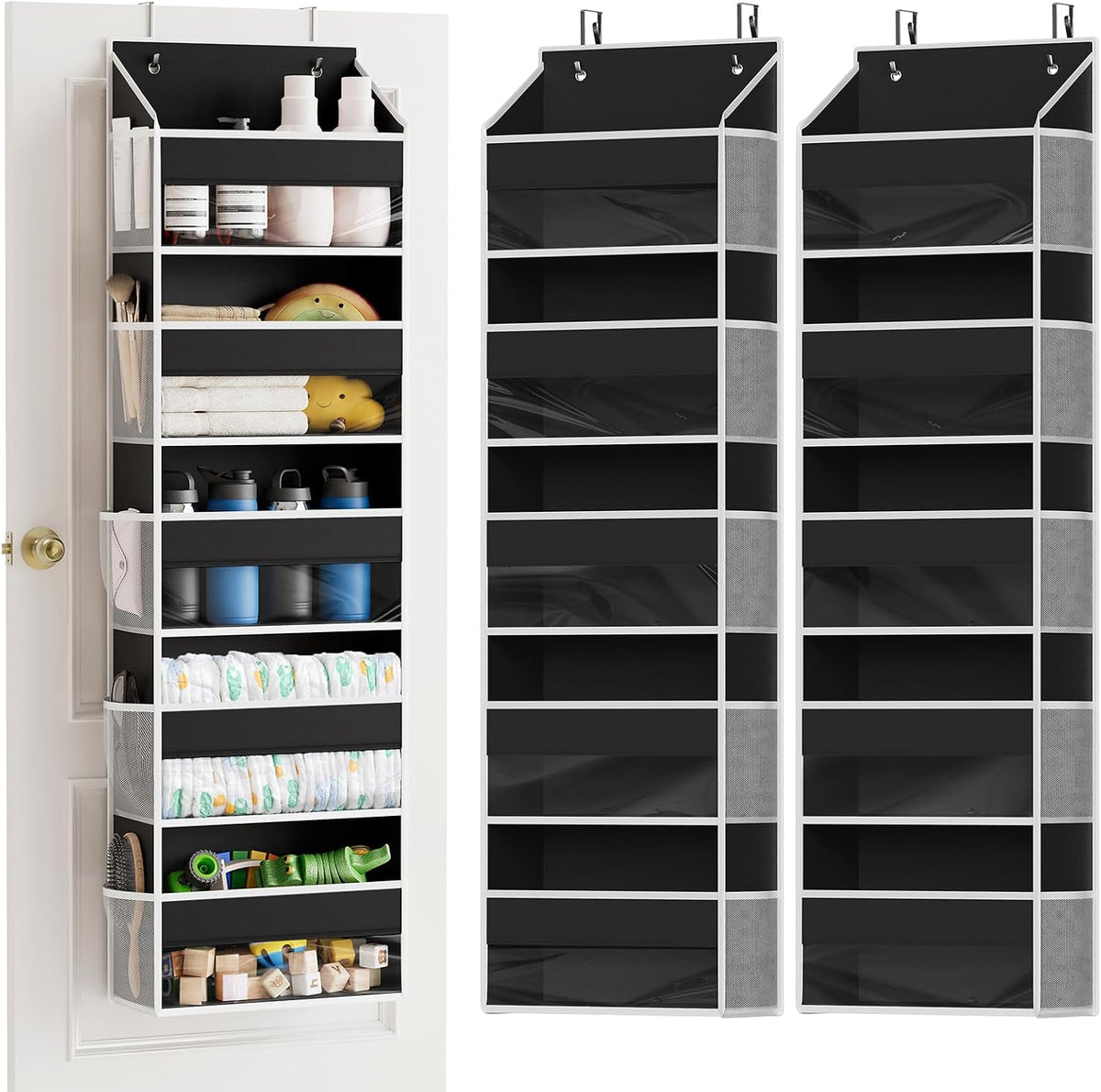 Over The Door Organizer with 5 Large Pockets and 10 Mesh Side Pockets, 5 Layers Door Organizer Hanging with Clear Window for Bedroom, Bathroom, Pantry and Nursery, White